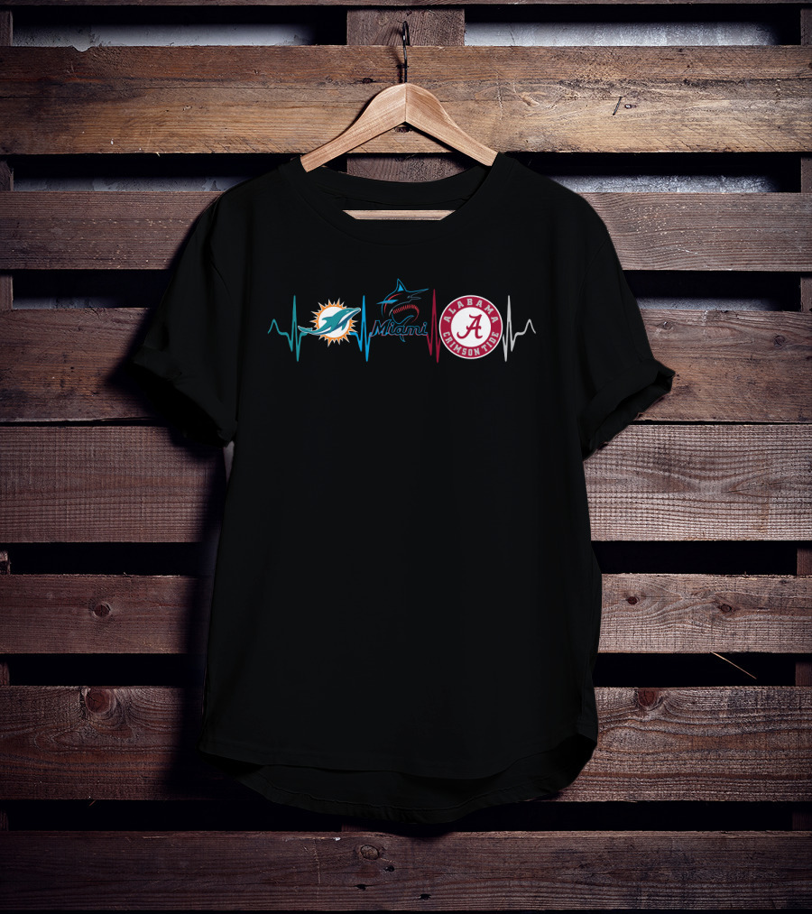 Miami Dolphins Miami Marlins Alabama Crimson Tide Heartbeat T-Shirt