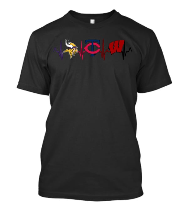 Love Vikings Minnesota Twins Wisconsin Badgers Heartbeat T-Shirt
