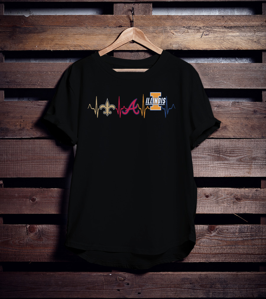 Love New Orleans Saints Atlanta Braves Illinois Fighting Illini Heartbeat T-Shirt