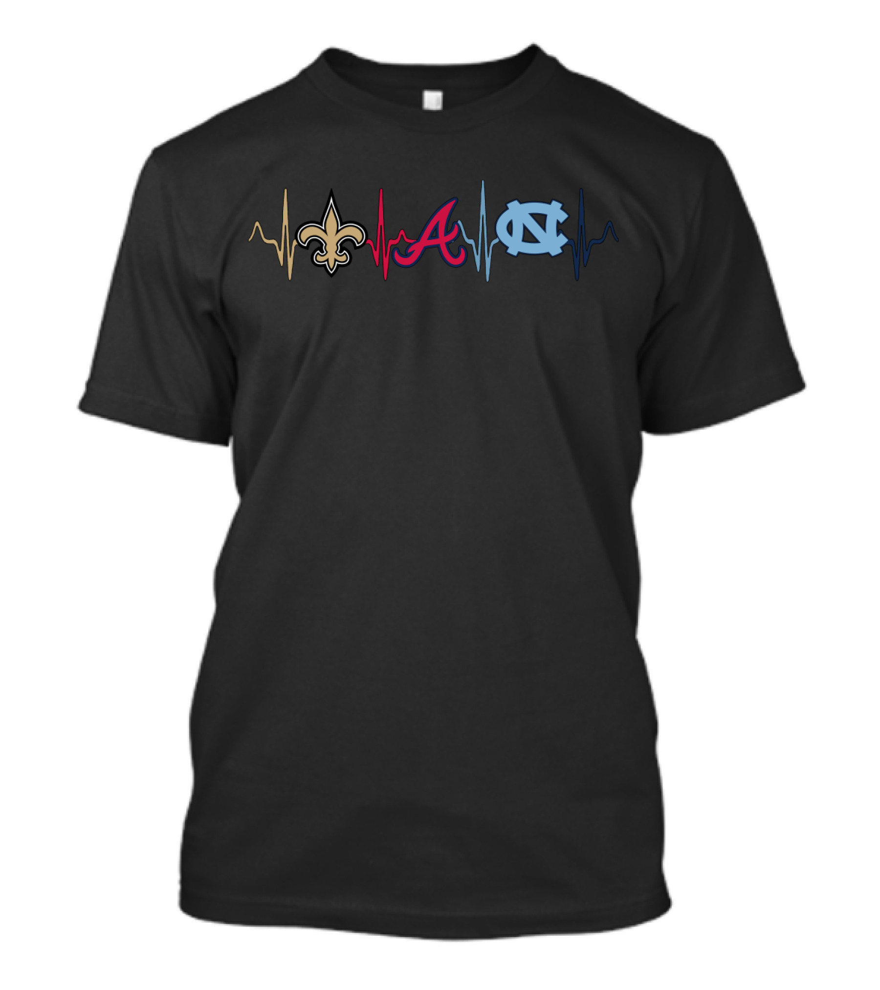 Love New Orleans Saints Atlanta Braves North Carolina Tar Heels Heartbeat T-Shirt