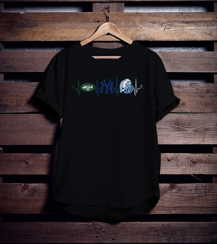 Love New York Jets Yankees And Drake Bulldogs Sports Fan Heartbeat T-Shirt