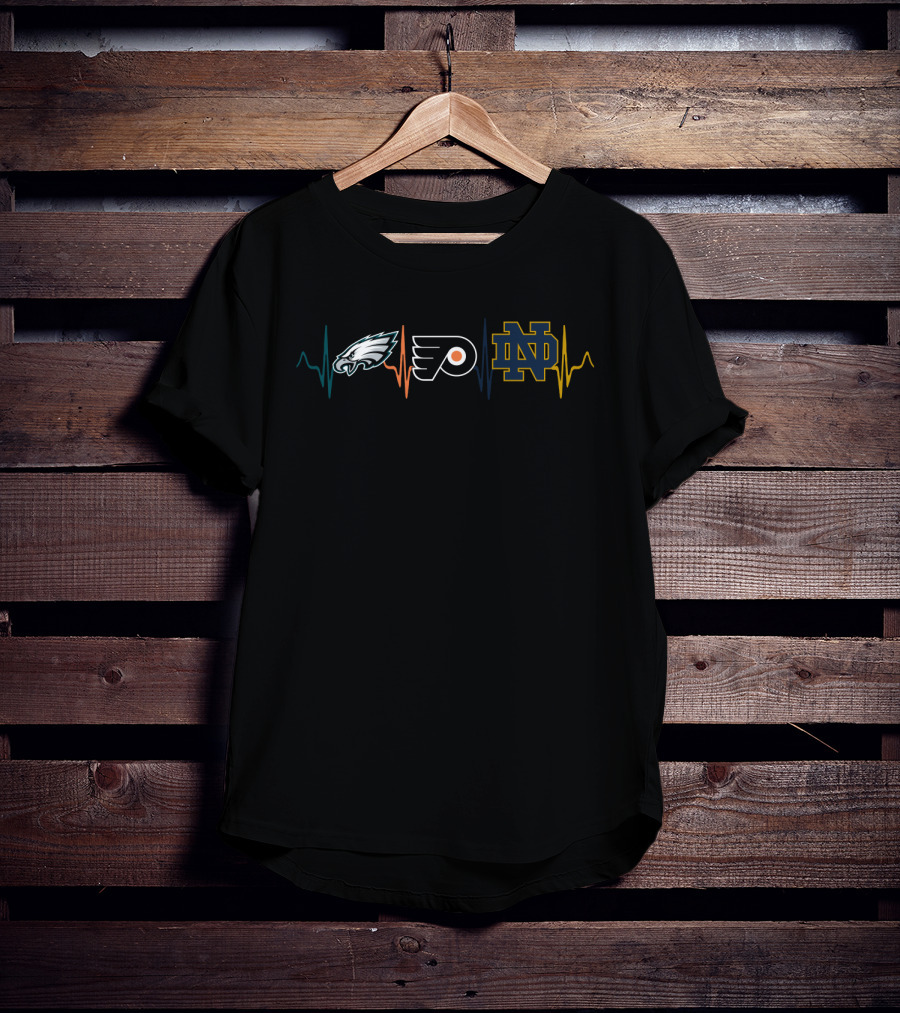 Philadelphia Eagles Flyers Notre Dame Fighting Irish Heartbeat T-Shirt