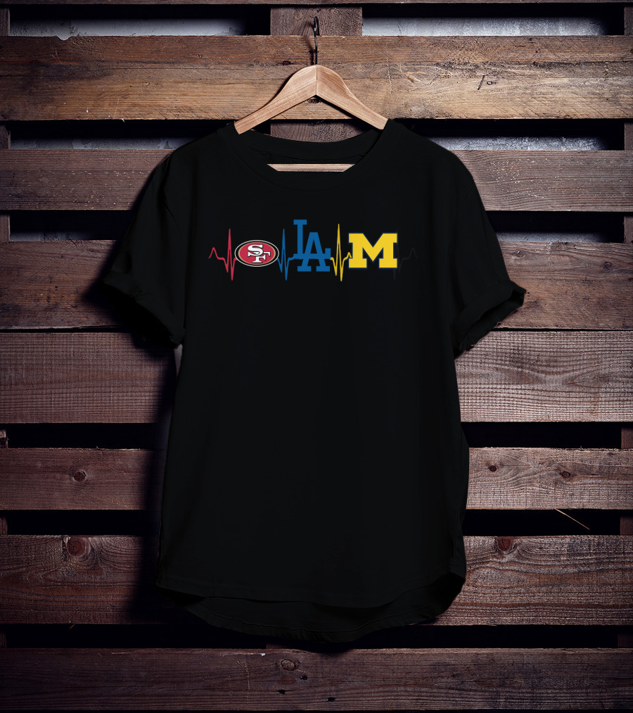 Love 49ers Dodgers Michigan Wolverines Logos Heartbeat T-Shirt