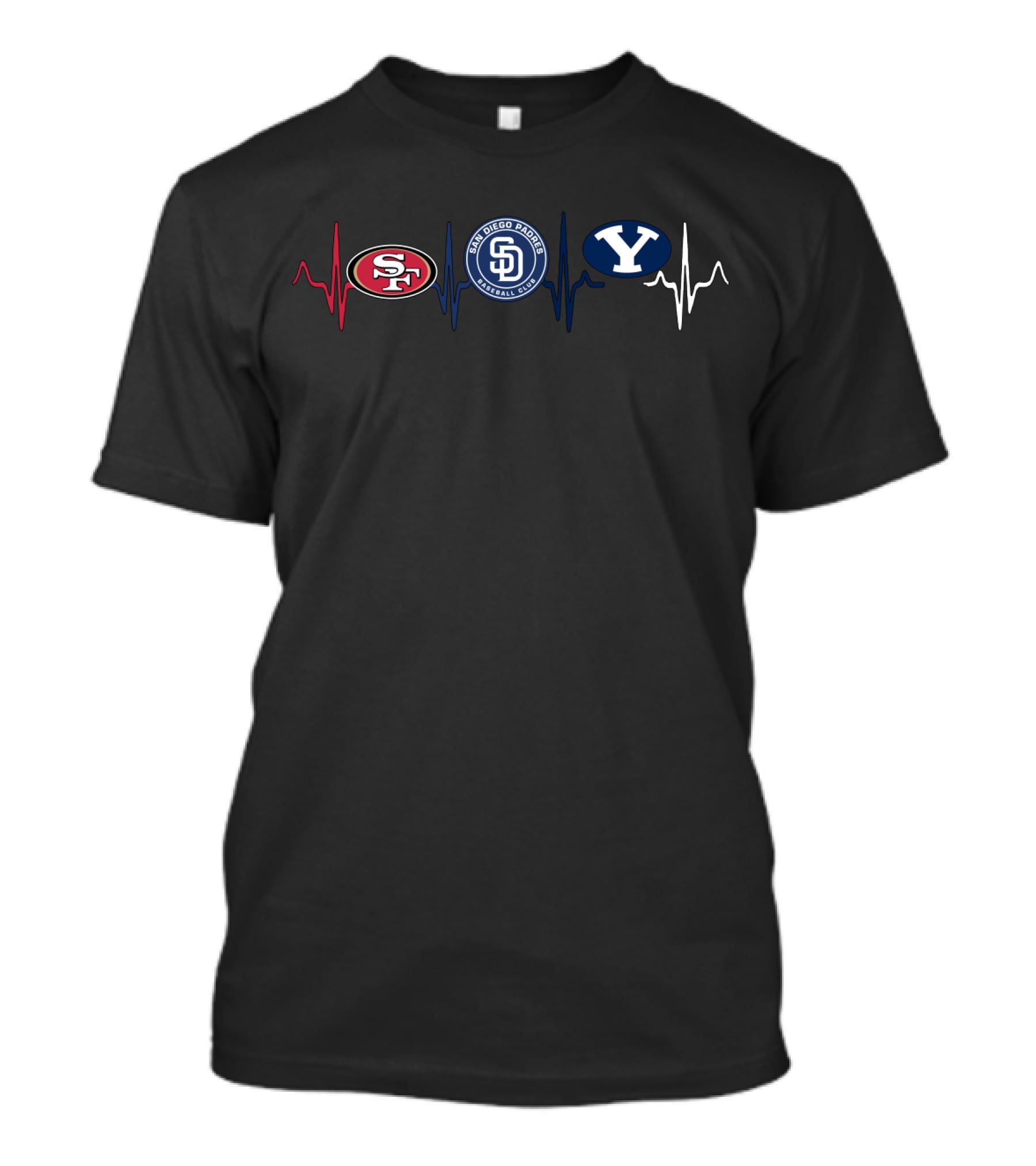 Love 49ers Padres Brigham Young Cougars Heartbeat T-Shirt