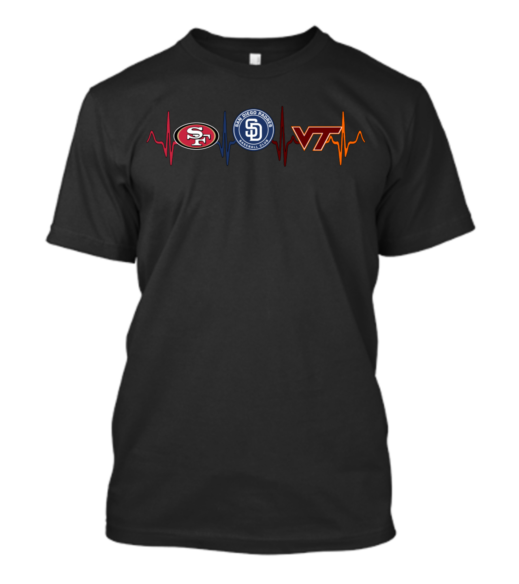 Love 49ers Padres San Diego Vt Hokies Vth Heartbeat T-Shirt
