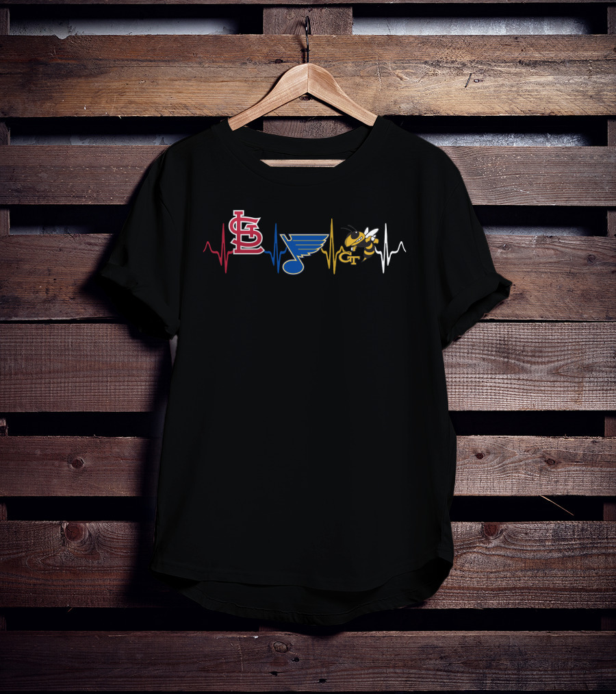 Love St. Louis Cardinals Blues Gt Yellow Jackets Fan Heartbeat T-Shirt