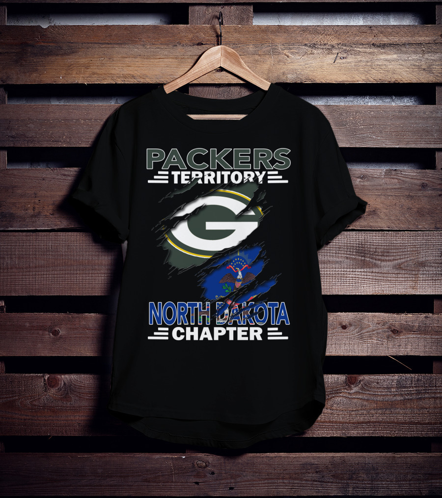 Packers Territory North Dakota Chapter Torn Green Bay G Logo And State Flag T-Shirt