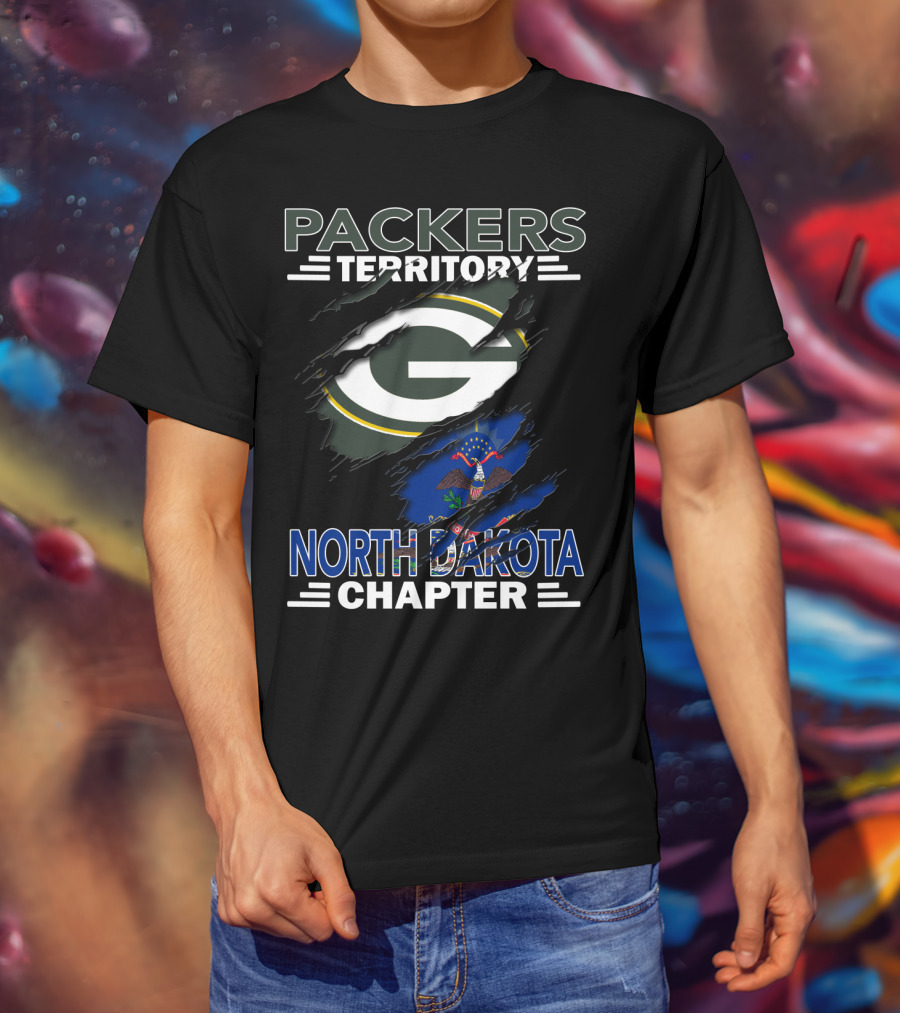 Packers Territory North Dakota Chapter Torn Green Bay G Logo And State Flag T-Shirt