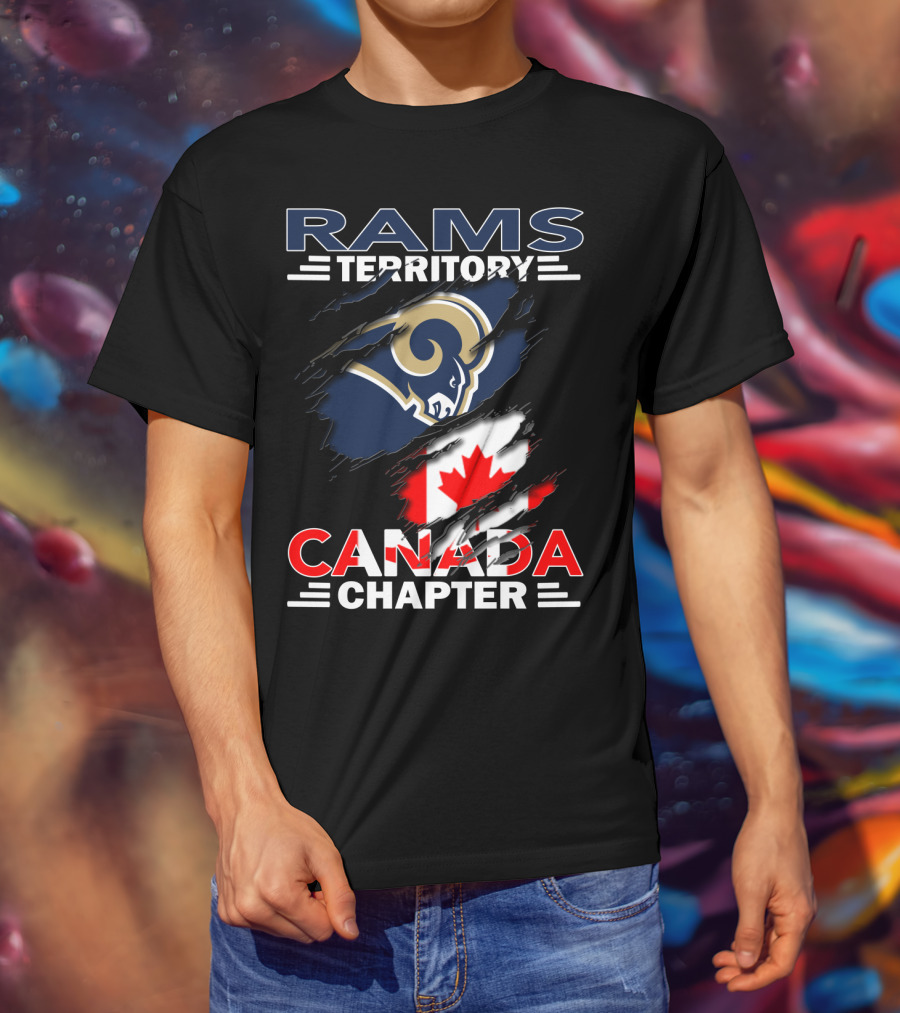 Rams Territory Canada Chapter Logo With Rams And Canadian Flag Elements T-Shirt