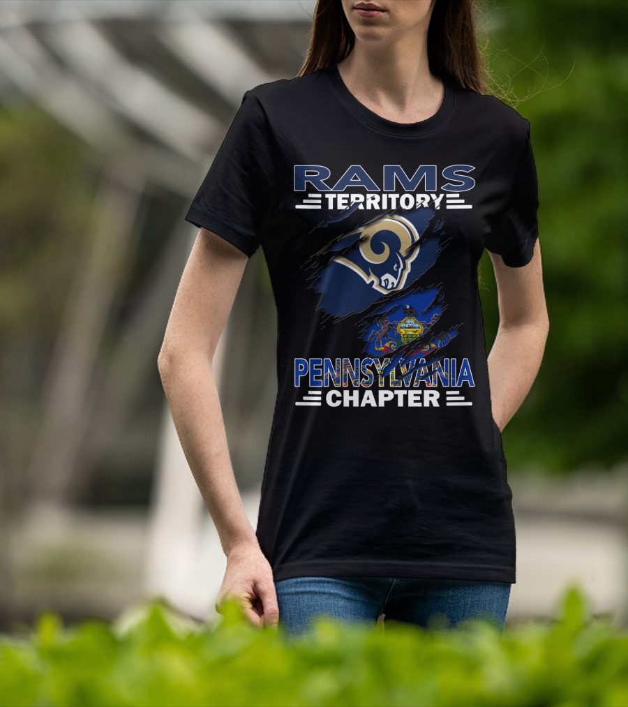 Rams Territory Pennsylvania Chapter With Blue And White Ram Logo And Pennsylvania State Flag Background T-Shirt