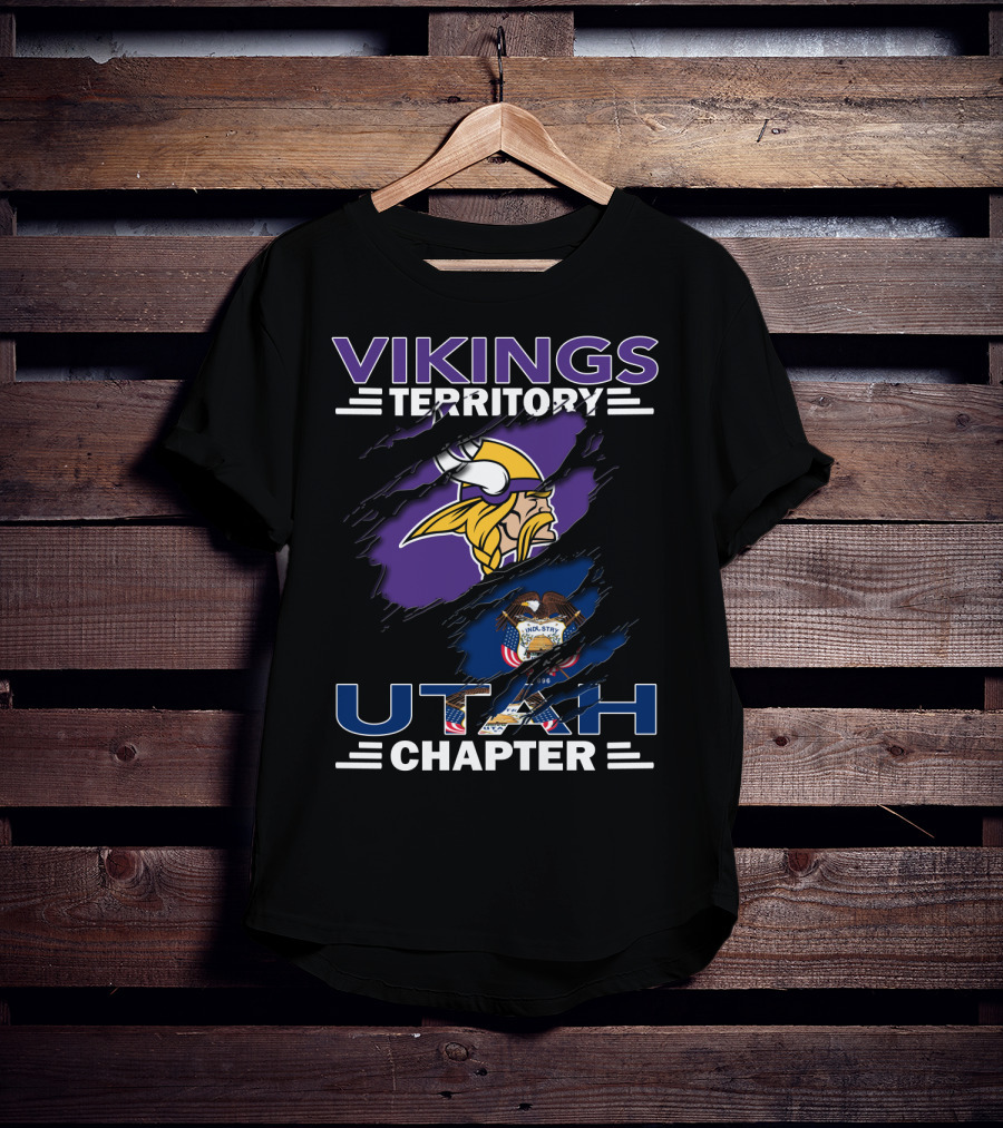 Vikings Territory Utah Chapter Emblem With Viking Helmet And Utah State Flag T-Shirt