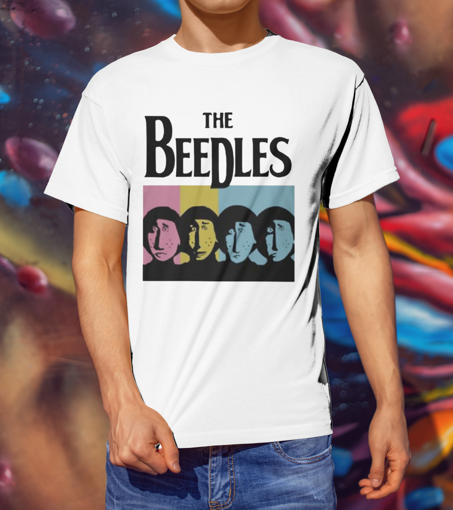 The Beedles Cartoon Pop Art Faces In Pink Yellow Blue T-Shirt