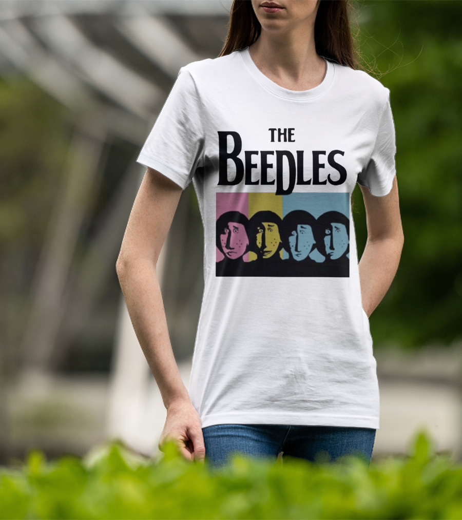 The Beedles Cartoon Pop Art Faces In Pink Yellow Blue T-Shirt