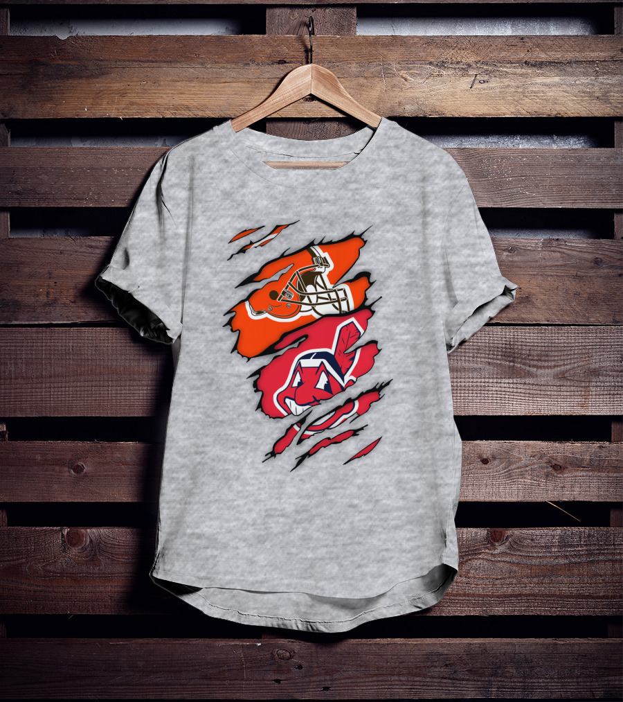 Cleveland Indians Browns Football Helmet Chief Wahoo Torn Rip T-Shirt