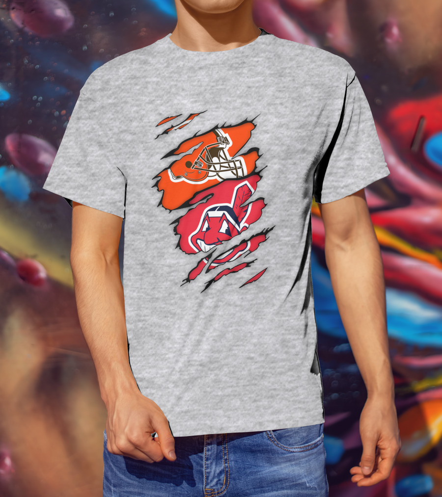 Cleveland Indians Browns Football Helmet Chief Wahoo Torn Rip T-Shirt