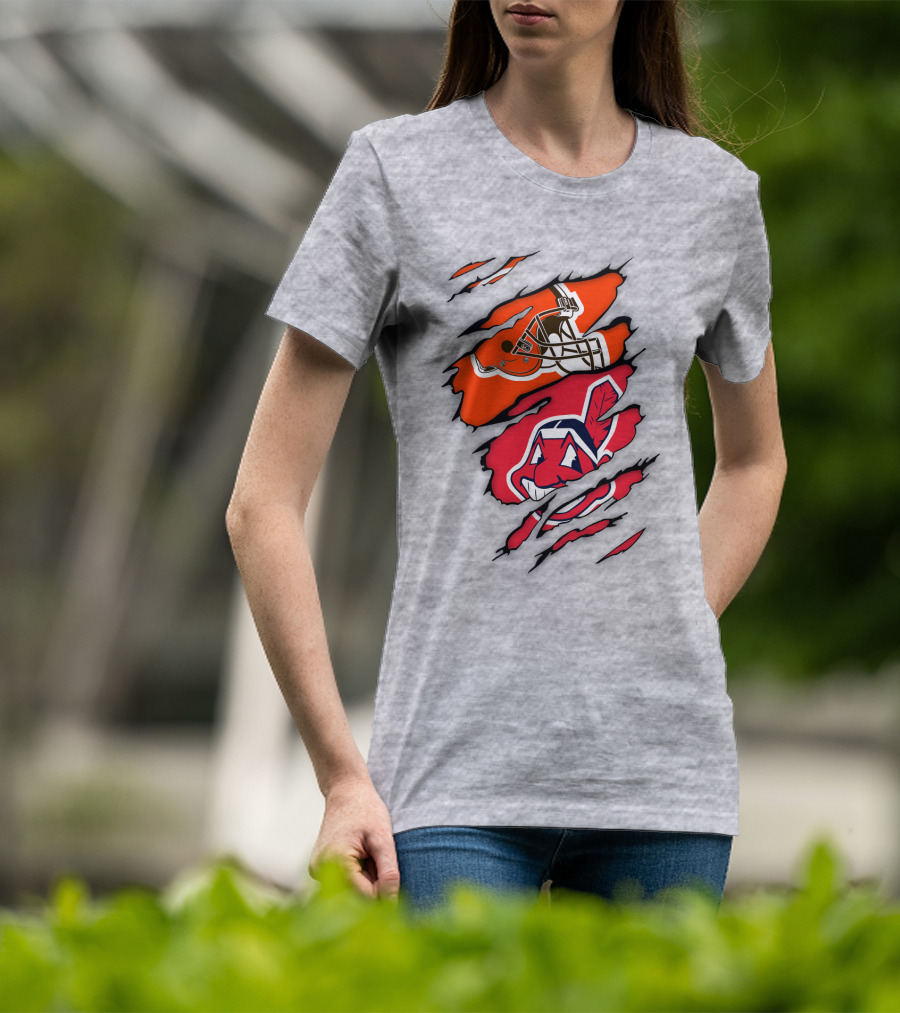 Cleveland Indians Browns Football Helmet Chief Wahoo Torn Rip T-Shirt