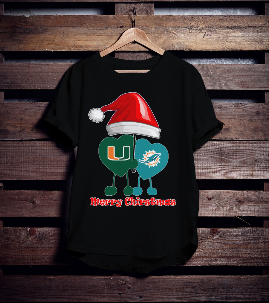 Merry Christmas Miami Dolphins Miami Hurricanes Santa Hat Hearts T-Shirt