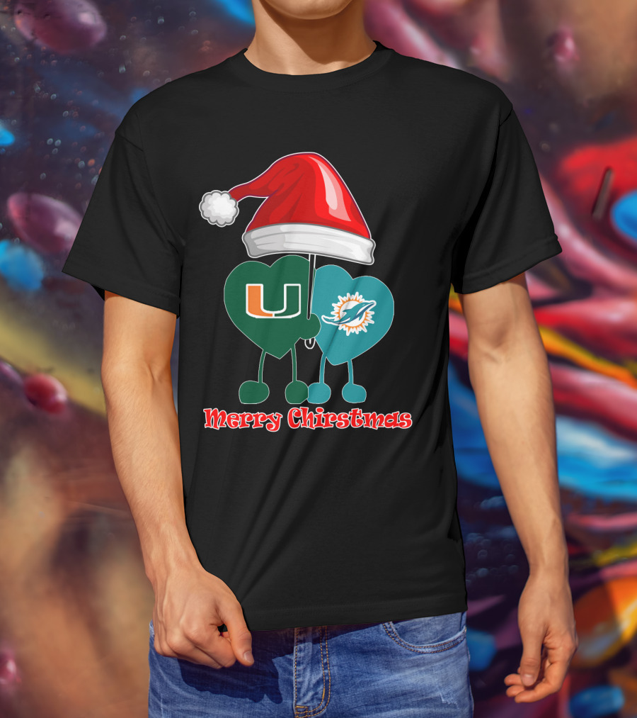 Merry Christmas Miami Dolphins Miami Hurricanes Santa Hat Hearts T-Shirt