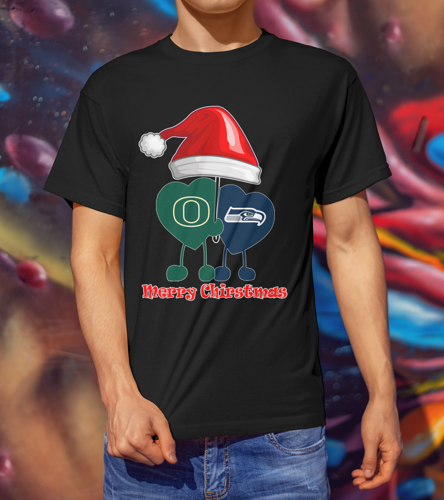 Merry Christmas Oregon Seattle Seahawks Holiday Hat Hearts T-Shirt