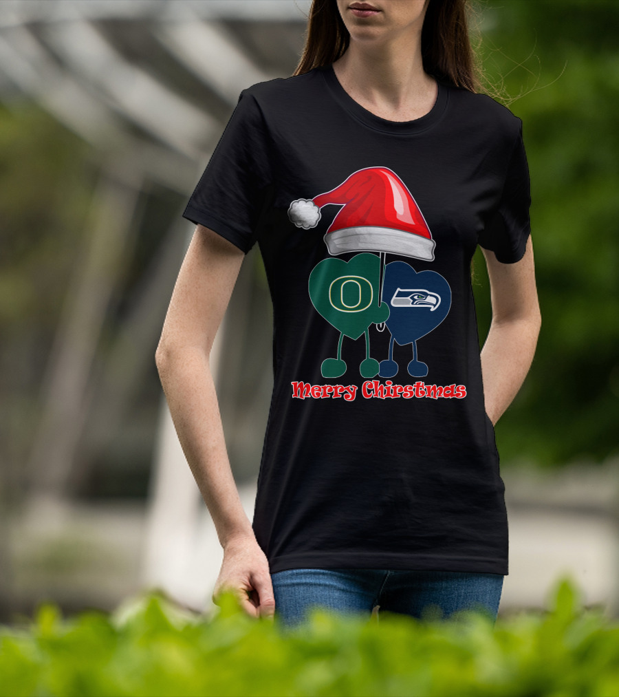 Merry Christmas Oregon Seattle Seahawks Holiday Hat Hearts T-Shirt