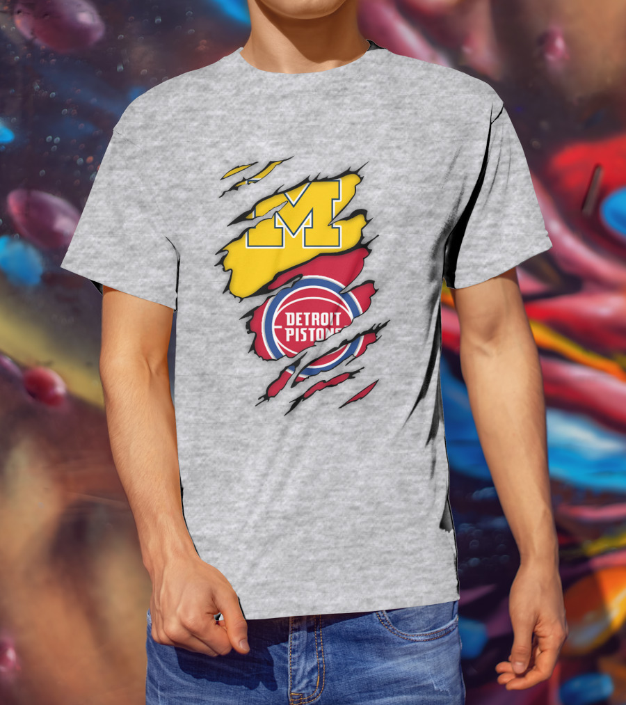 Detroit Pistons Michigan Wolverines Team Logo Mashup T-Shirt