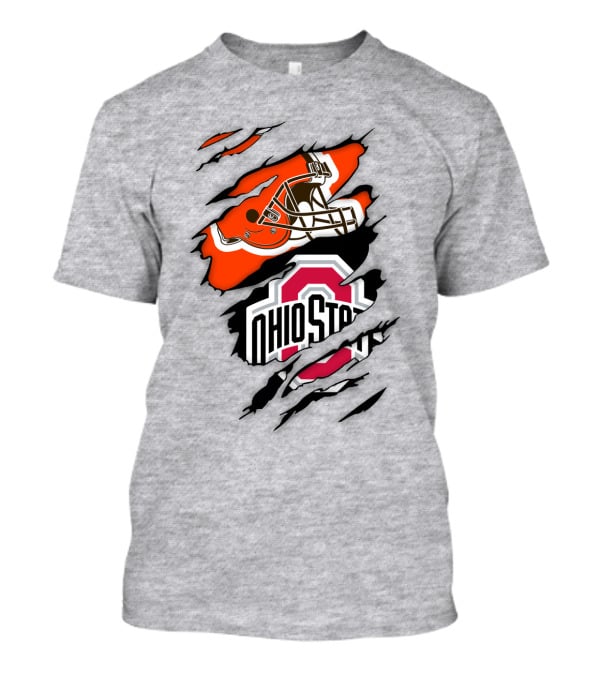 Cleveland Browns Helmet And Ohio State Buckeyes Logo Ripped T-Shirt