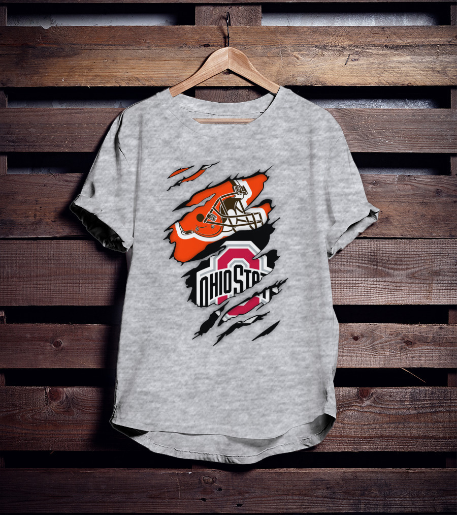 Cleveland Browns Helmet And Ohio State Buckeyes Logo Ripped T-Shirt