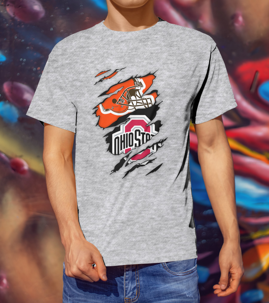 Cleveland Browns Helmet And Ohio State Buckeyes Logo Ripped T-Shirt