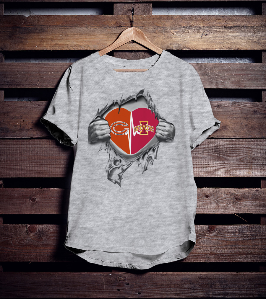 Iowa State Chicago Bears Logo Heart Ripped T-Shirt