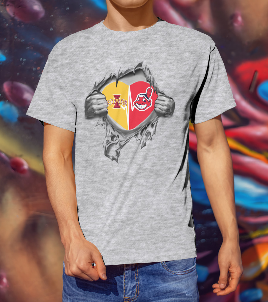 Iowa State Cyclones Cleveland Indians Heart Logo Hands Peeling T-Shirt