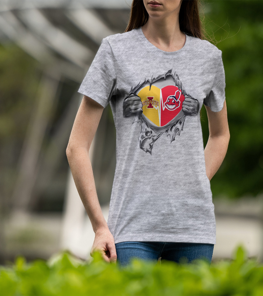 Iowa State Cyclones Cleveland Indians Heart Logo Hands Peeling T-Shirt