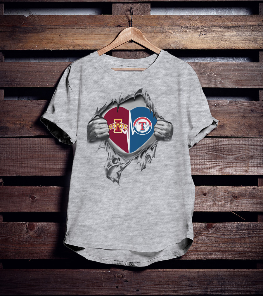 Iowa State Cyclones And Texas Rangers Heart Burst Logo Collaboration T-Shirt