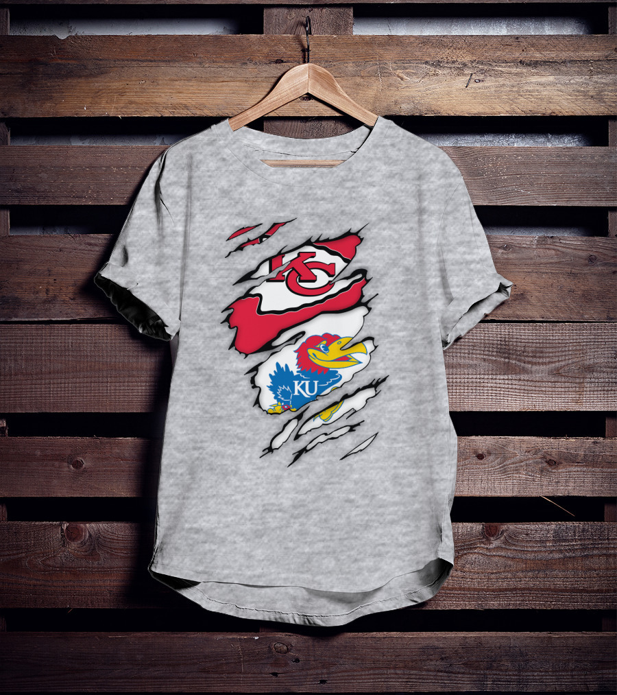 Kansas City Chiefs And Ku Jayhawks Logos Torn T-Shirt