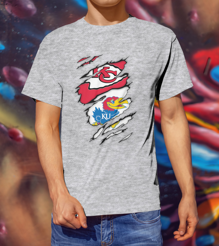 Kansas City Chiefs And Ku Jayhawks Logos Torn T-Shirt