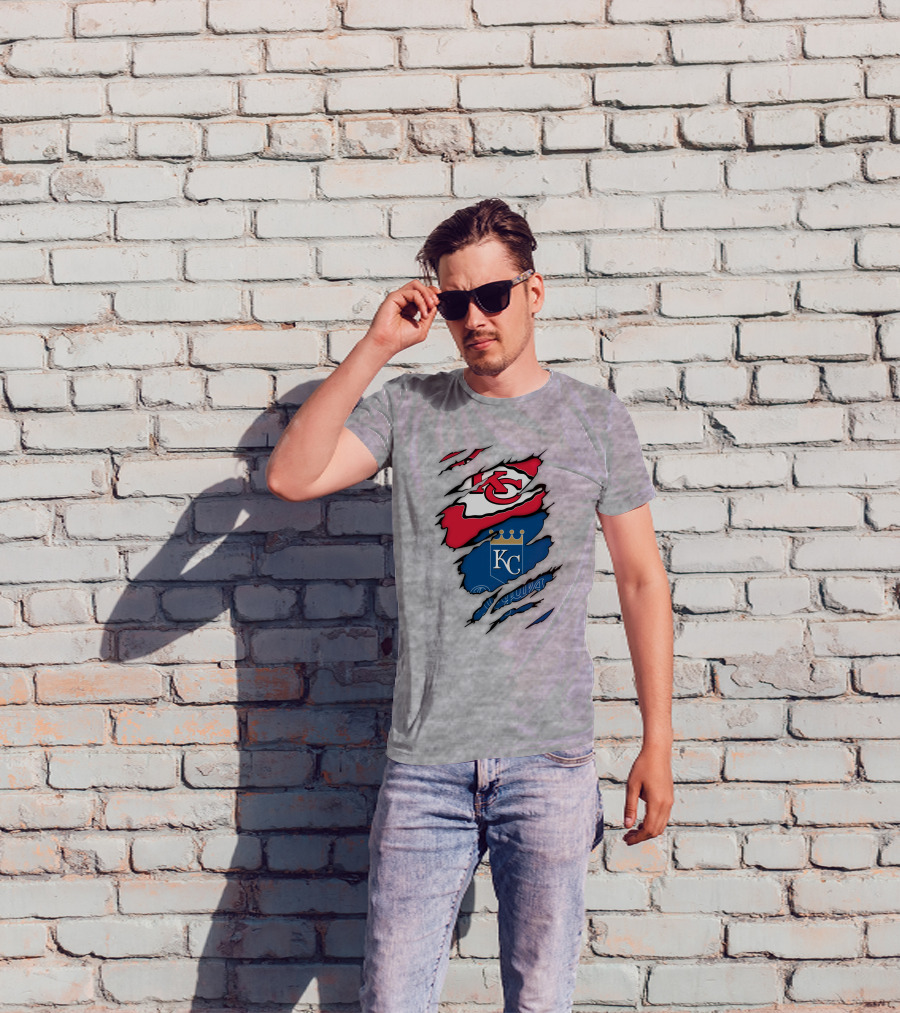Kansas City Royals Kc And Kansas City Chiefs Arrowhead Red Blue Logo Fusion T-Shirt