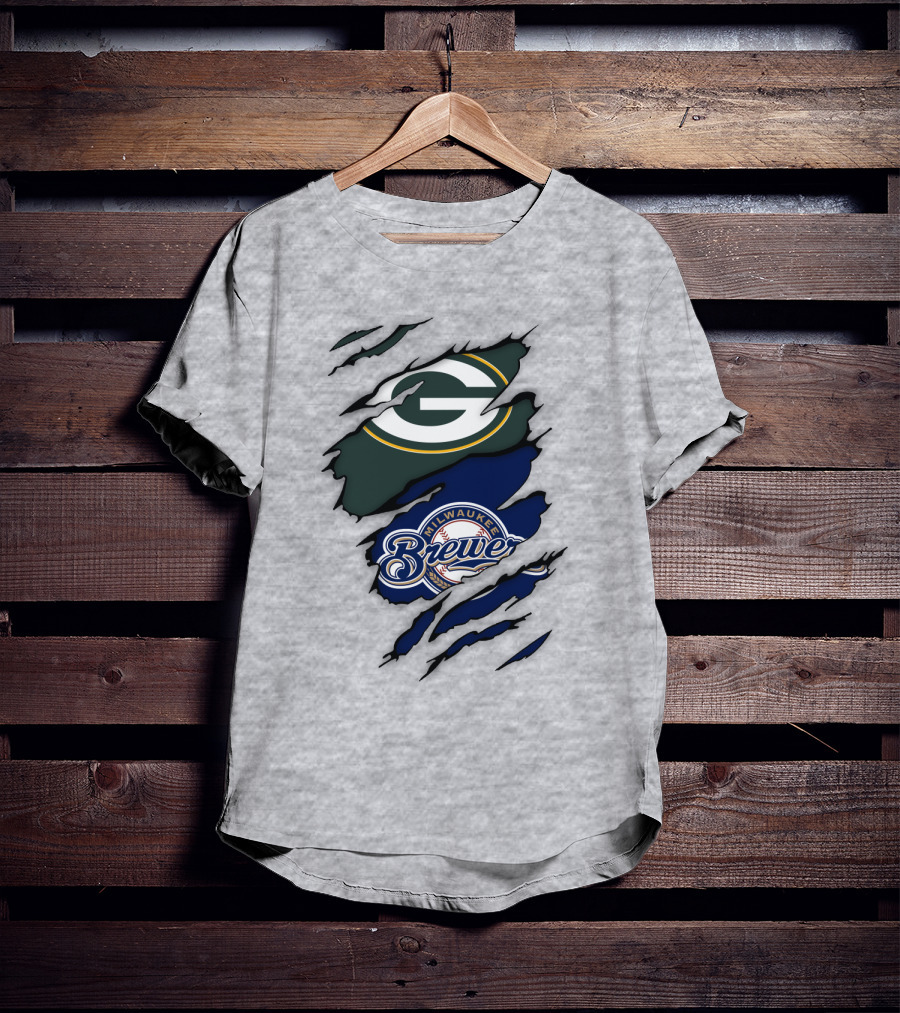 Milwaukee Brewers Green Bay Packers Logos Claw Marks T-Shirt