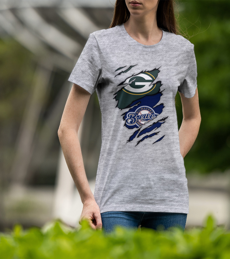 Milwaukee Brewers Green Bay Packers Logos Claw Marks T-Shirt
