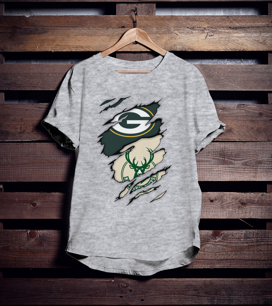 Green Bay Packers Milwaukee Bucks Ripped Reveal Logo Fusion T-Shirt