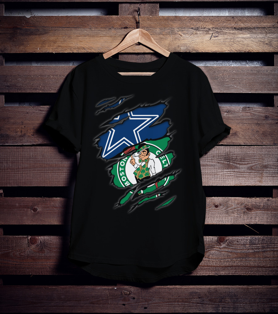Cowboys Boston Celtics Logo Mashup Ripped T-Shirt