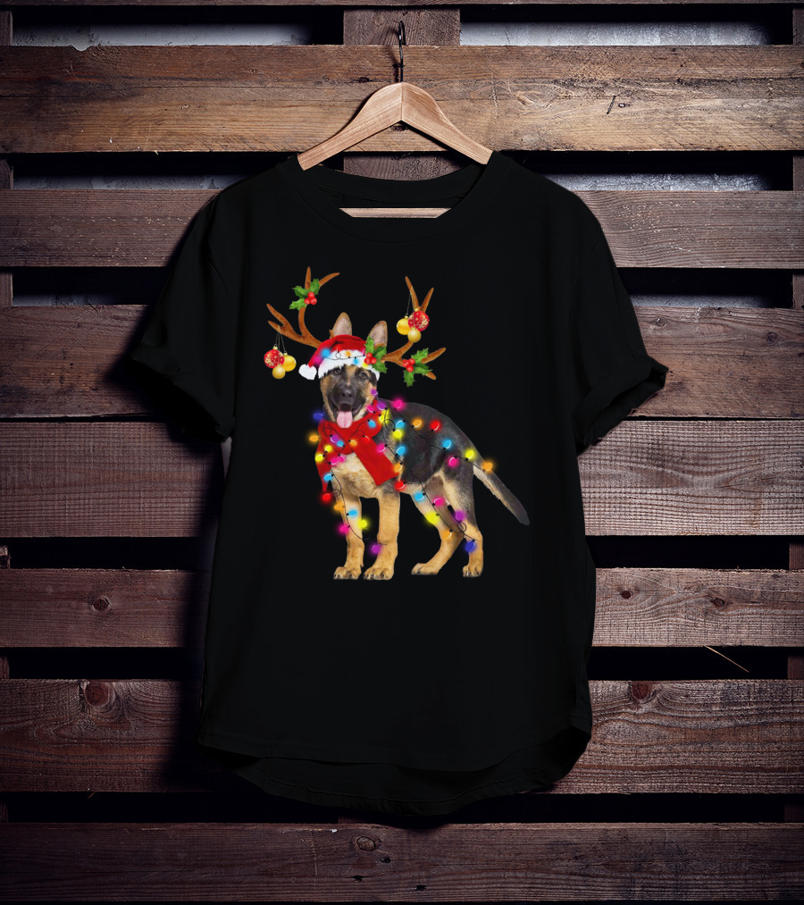 German Shepherd Christmas Dog With Reindeer Antlers And Holiday Lights T-Shirt
