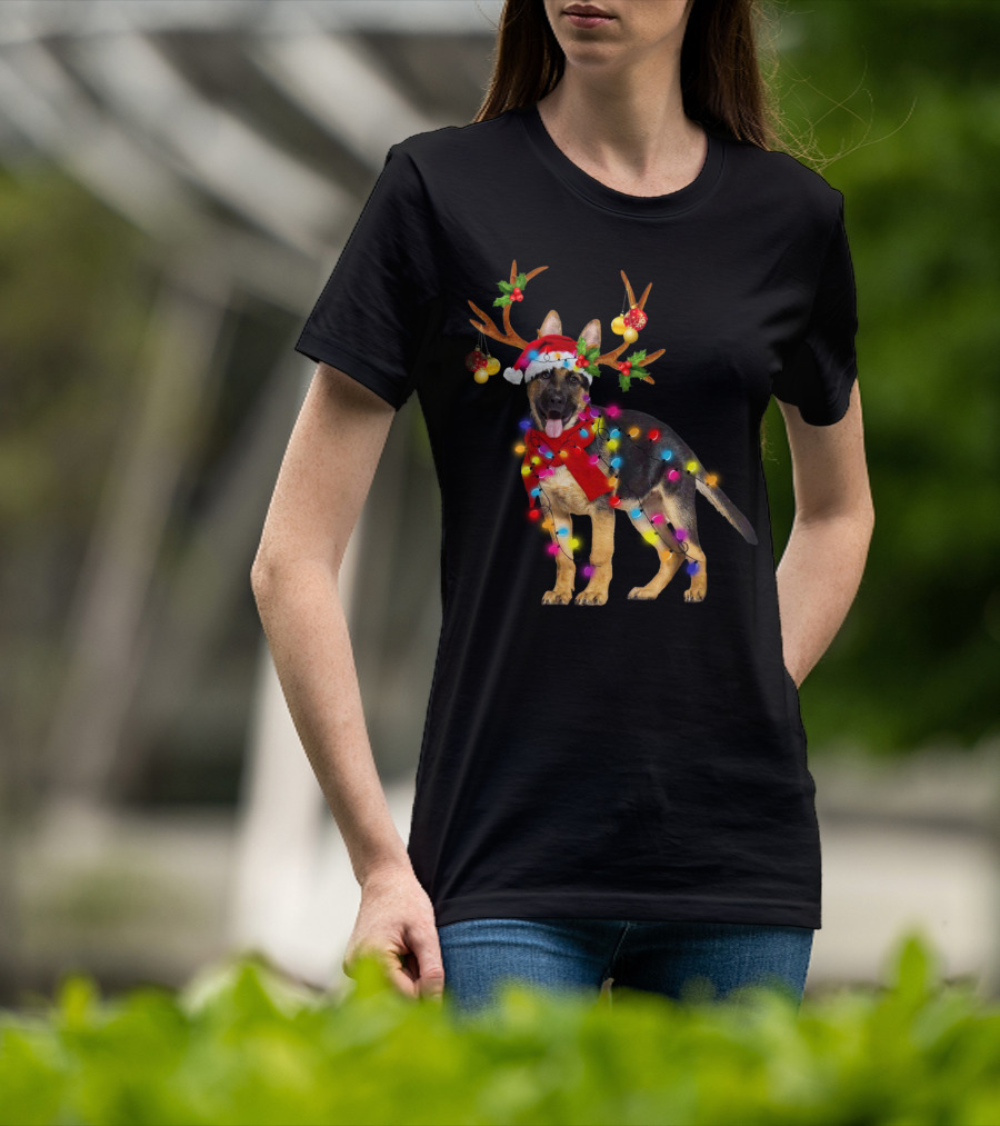 German Shepherd Christmas Dog With Reindeer Antlers And Holiday Lights T-Shirt