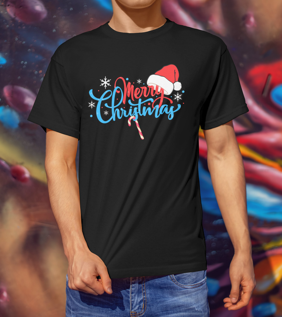 Merry Christmas Nice Santa's Hat Candy Cane Snowflakes T-Shirt