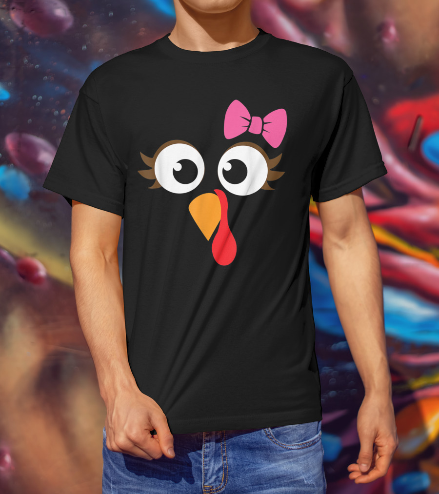 Turkey Face With Pink Bow Girl Cartoon Eyes T-Shirt