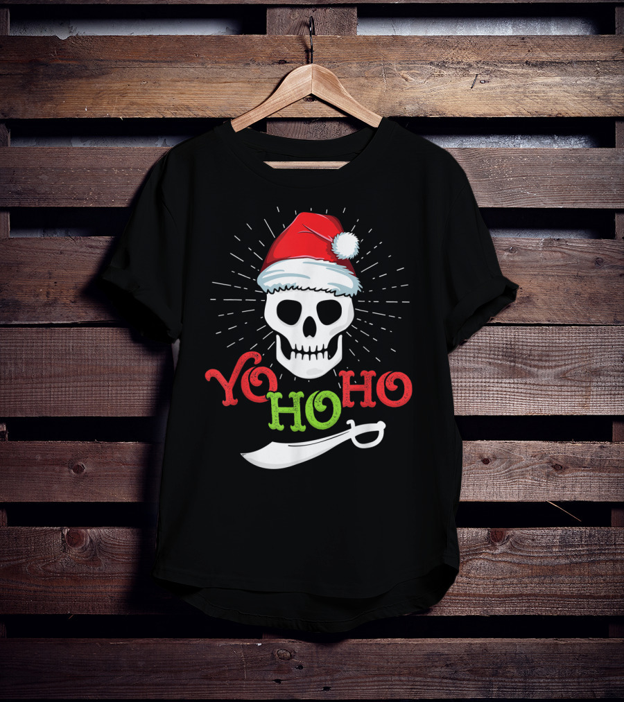 Yo Ho Ho Skull With Santa Hat And Sword T-Shirt