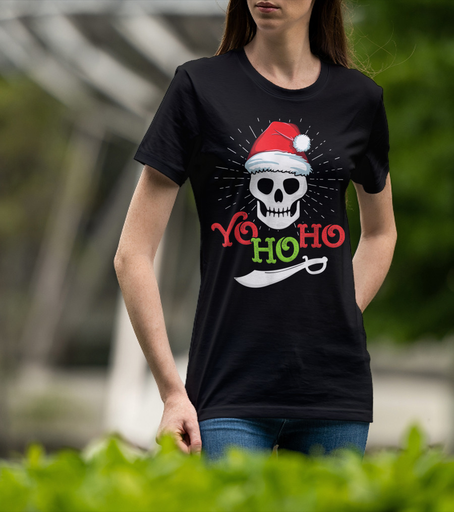 Yo Ho Ho Skull With Santa Hat And Sword T-Shirt