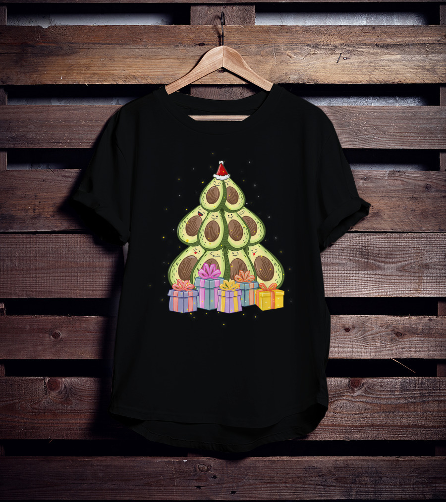 Avocado Christmas Tree With Santa Hat And Presents Avocado Lover T-Shirt