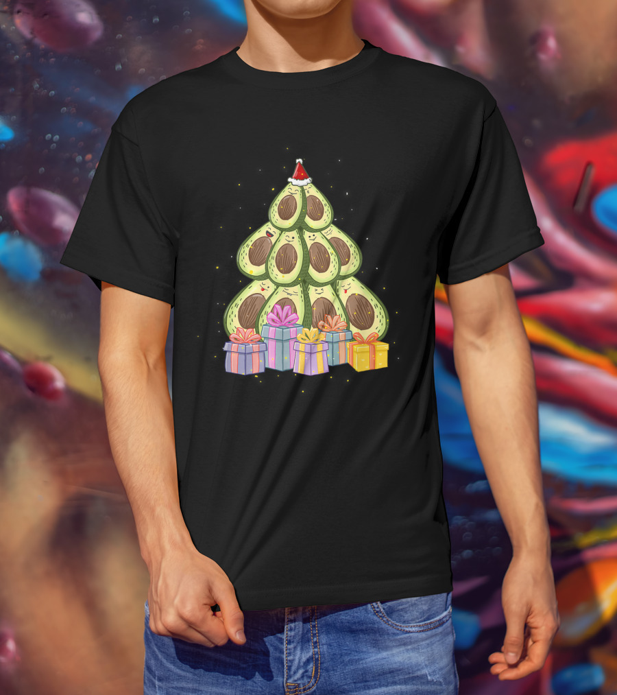Avocado Christmas Tree With Santa Hat And Presents Avocado Lover T-Shirt