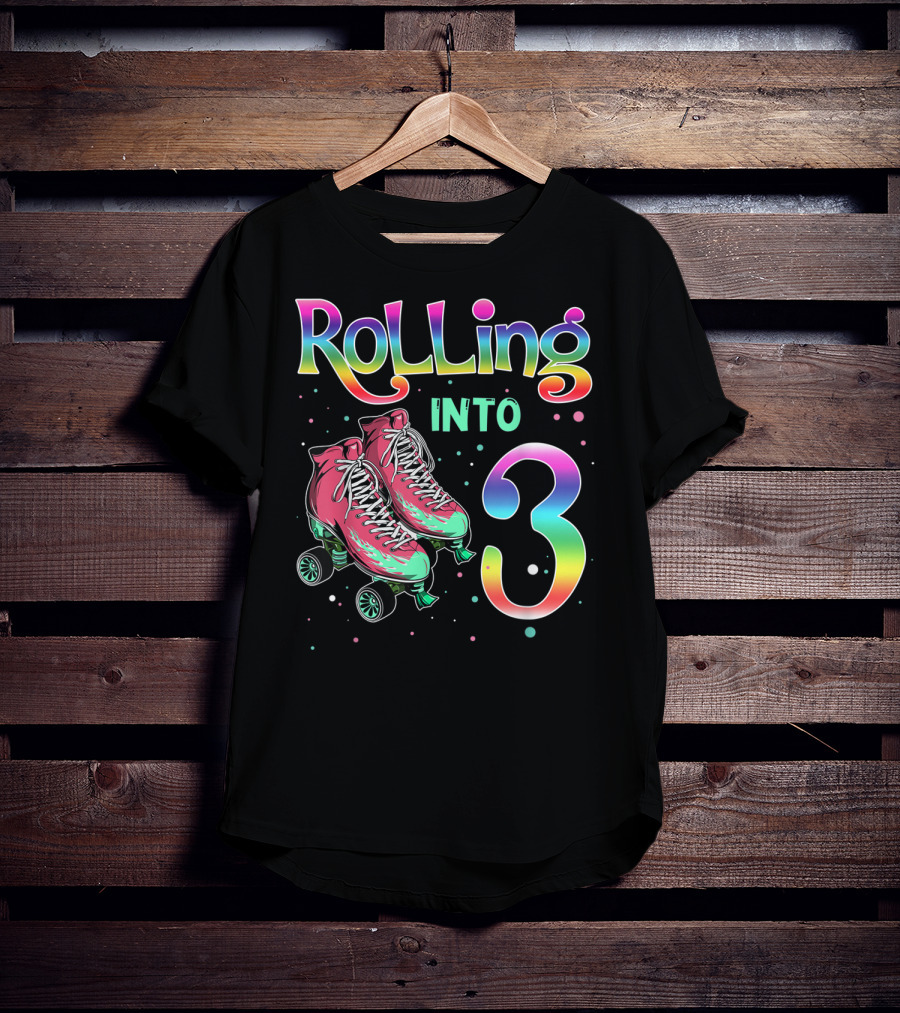 Rolling Into 3 Kids 3rd Birthday Roller Skates T-Shirt