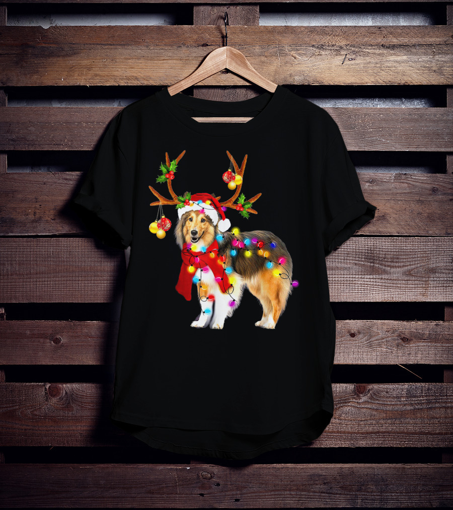 Christmas Sheltie Dog In Santa Hat With Reindeer Antlers And Colorful String Lights T-Shirt