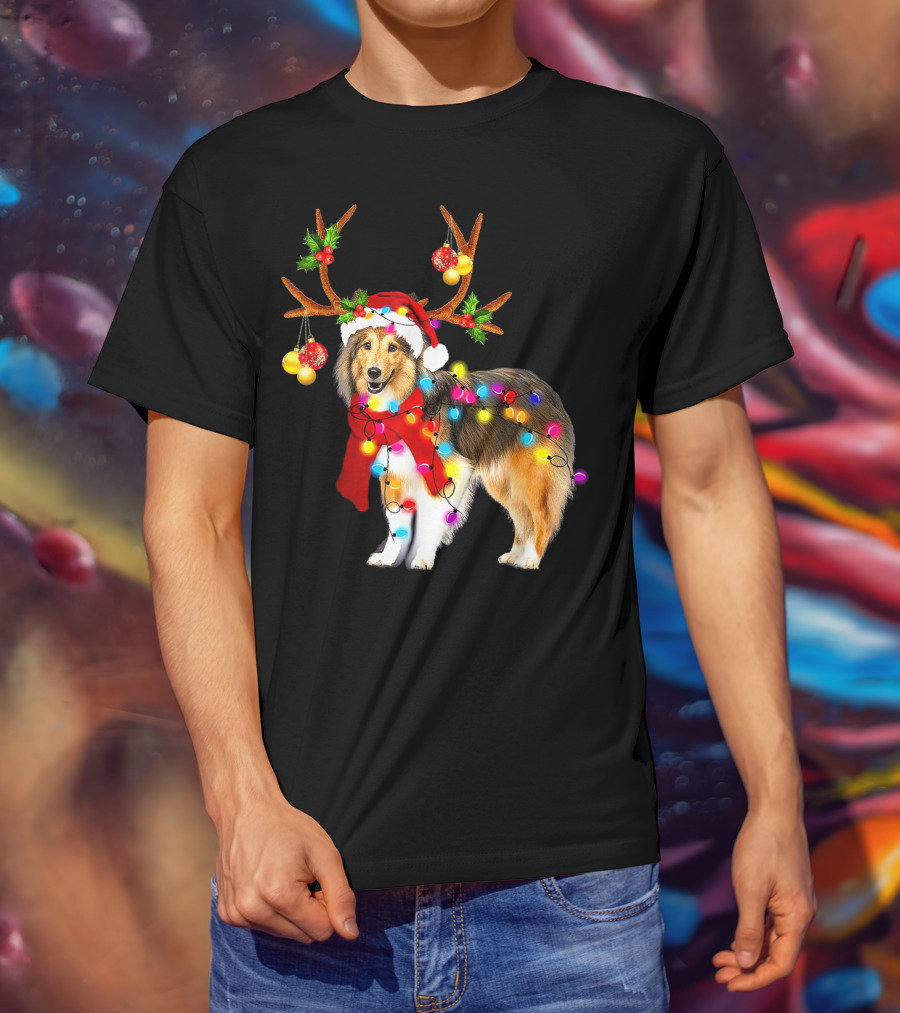Christmas Sheltie Dog In Santa Hat With Reindeer Antlers And Colorful String Lights T-Shirt